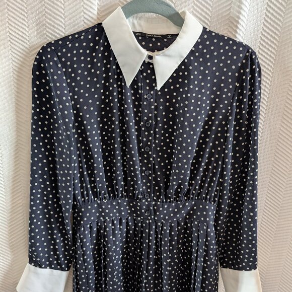 Zara Polka Dot Pleated Dress Navy Blue White Collar Cuffs Size Small Retro - Picture 8 of 13